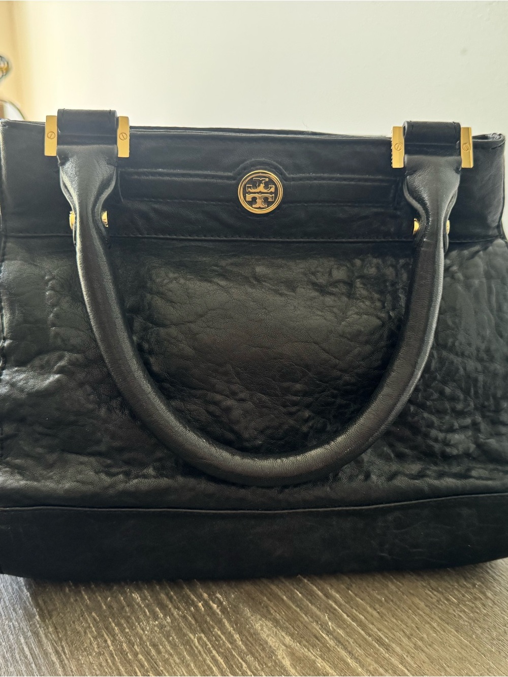 Tory Burch Black Leather Tote with Gold-Tone Logo